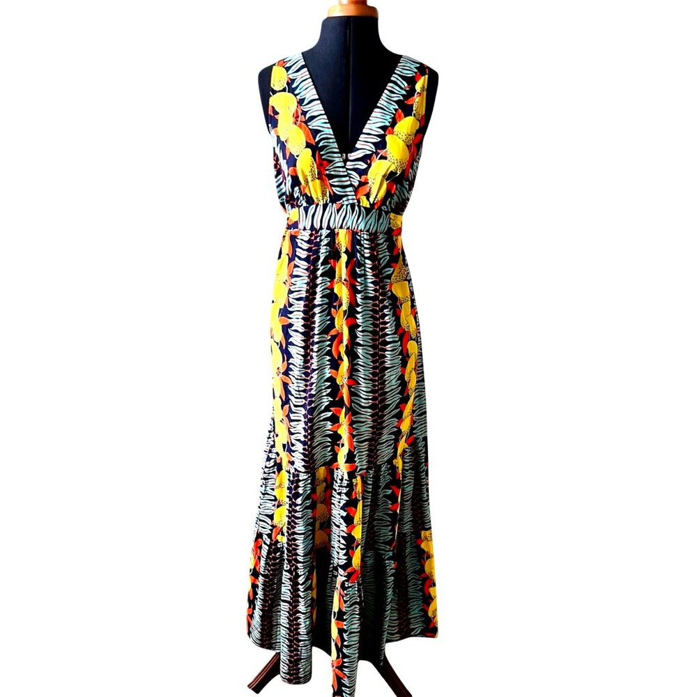 Cabi V-Neck Maxi Dress With Tropical Boho Print & Self-Tie Waist S